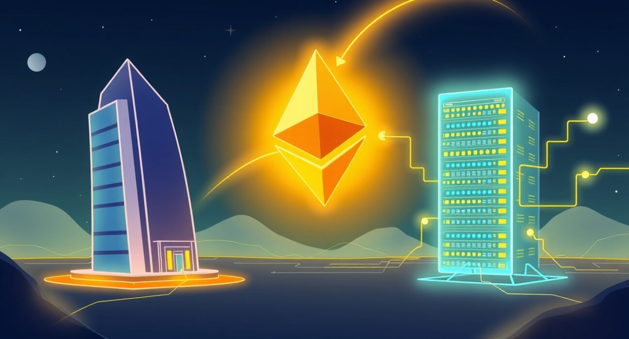 A cartoon illustration showing a significant ETH transfer of digital assets between institutional entities, highlighting the movement of Ethereum.