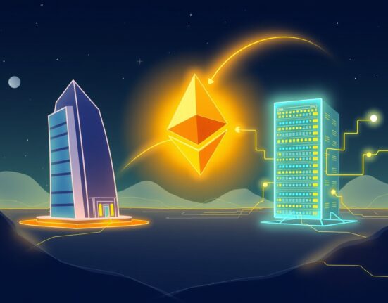 A cartoon illustration showing a significant ETH transfer of digital assets between institutional entities, highlighting the movement of Ethereum.