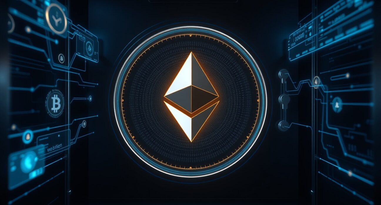 Galaxy Digital ETH withdrawal represented through secure digital asset transfer visualization with Ethereum logo.
