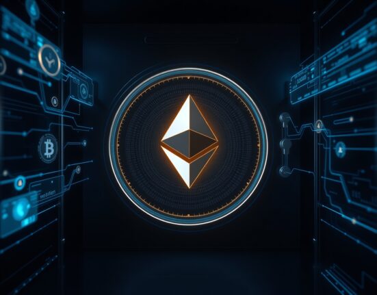 Galaxy Digital ETH withdrawal represented through secure digital asset transfer visualization with Ethereum logo.