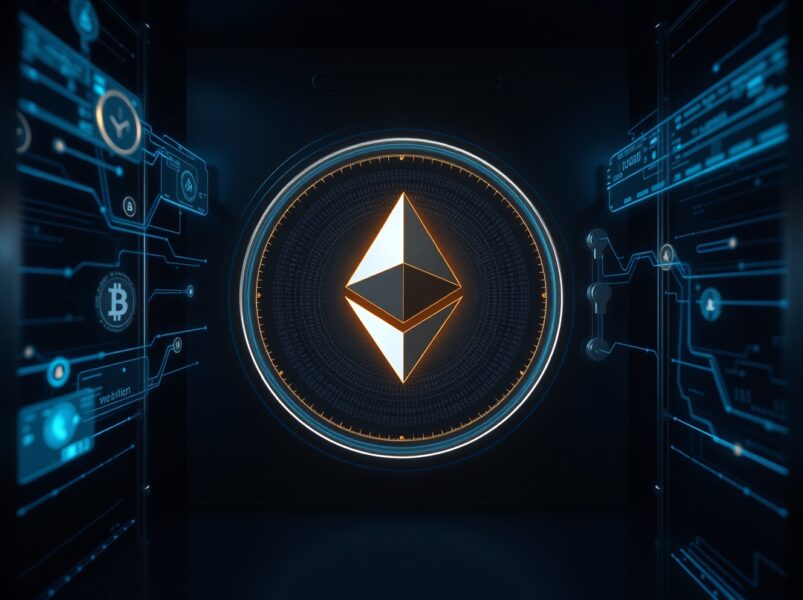 Galaxy Digital ETH withdrawal represented through secure digital asset transfer visualization with Ethereum logo.