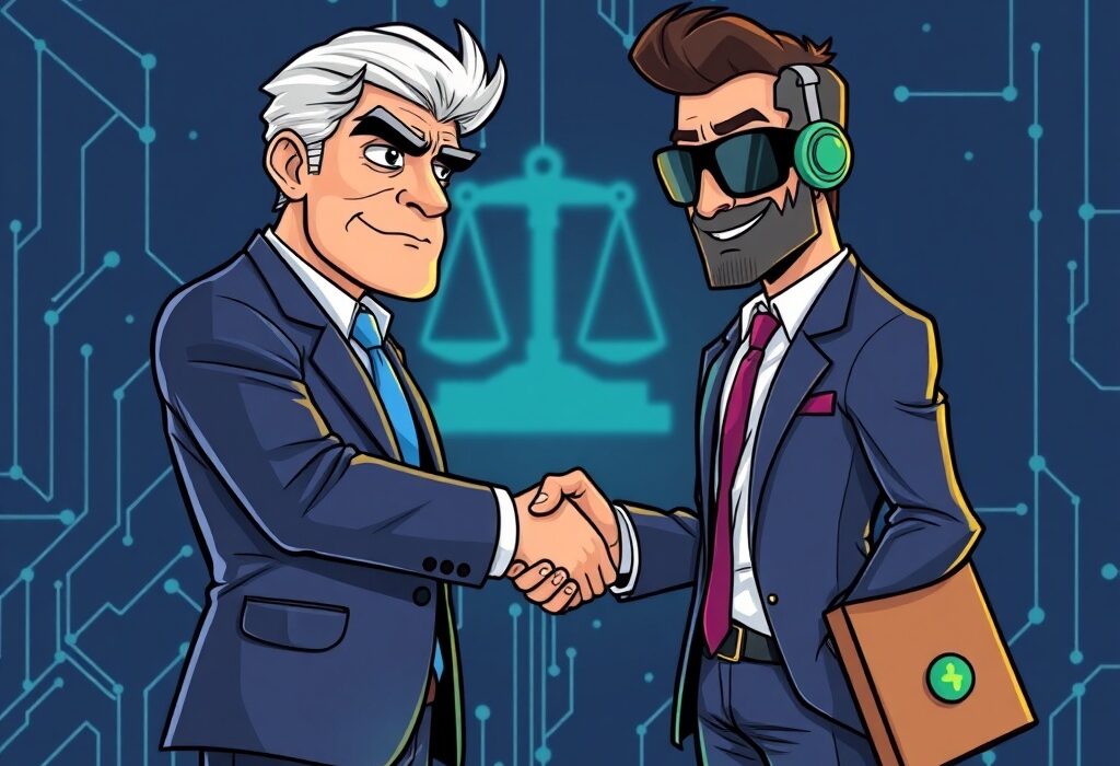 Cartoon showing a new crypto legal officer joining Galaxy Digital, symbolizing enhanced regulatory compliance and legal strength.
