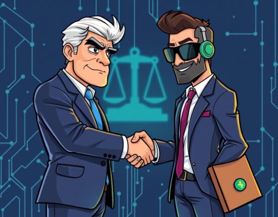 Cartoon showing a new crypto legal officer joining Galaxy Digital, symbolizing enhanced regulatory compliance and legal strength.