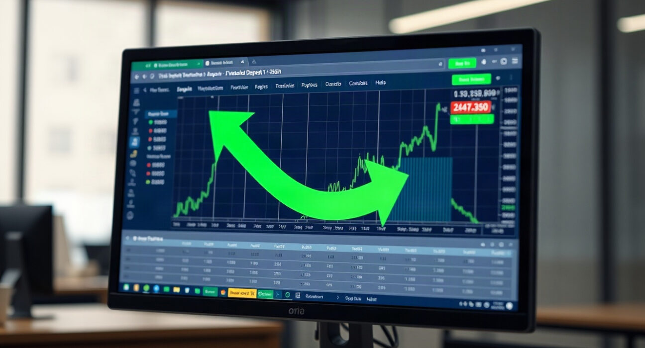 Cryptocurrency trading platform showing a large deposit transaction on a monitor in a modern office.