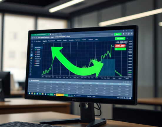 Cryptocurrency trading platform showing a large deposit transaction on a monitor in a modern office.