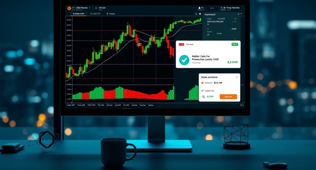 Professional trading desk monitor displaying cryptocurrency chart and large wallet transaction