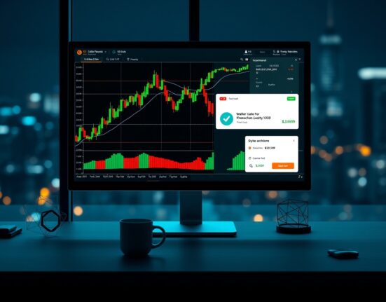 Professional trading desk monitor displaying cryptocurrency chart and large wallet transaction