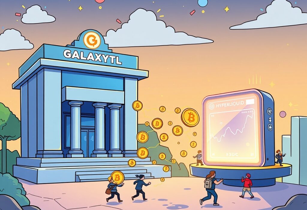 A cartoon illustration depicting Galaxy Digital's substantial USDC crypto deposit fueling Hyperliquid trading activities.