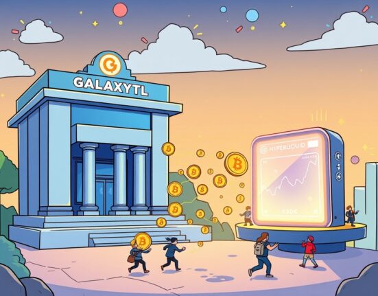 A cartoon illustration depicting Galaxy Digital's substantial USDC crypto deposit fueling Hyperliquid trading activities.