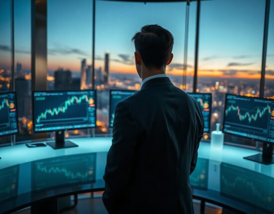 Analyst monitoring Bitcoin price charts on multiple screens in a modern trading office