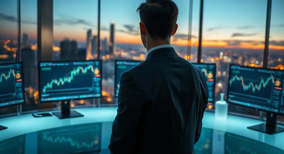 Analyst monitoring Bitcoin price charts on multiple screens in a modern trading office