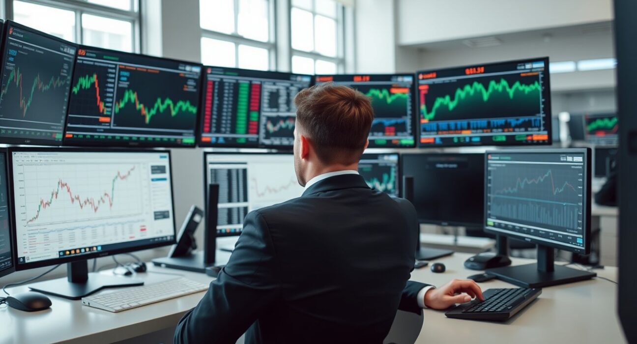 Institutional trader at a modern desk monitoring financial charts and prediction market data in a professional trading office.