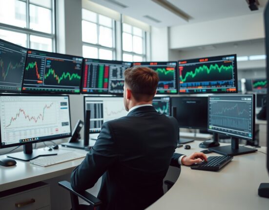 Institutional trader at a modern desk monitoring financial charts and prediction market data in a professional trading office.