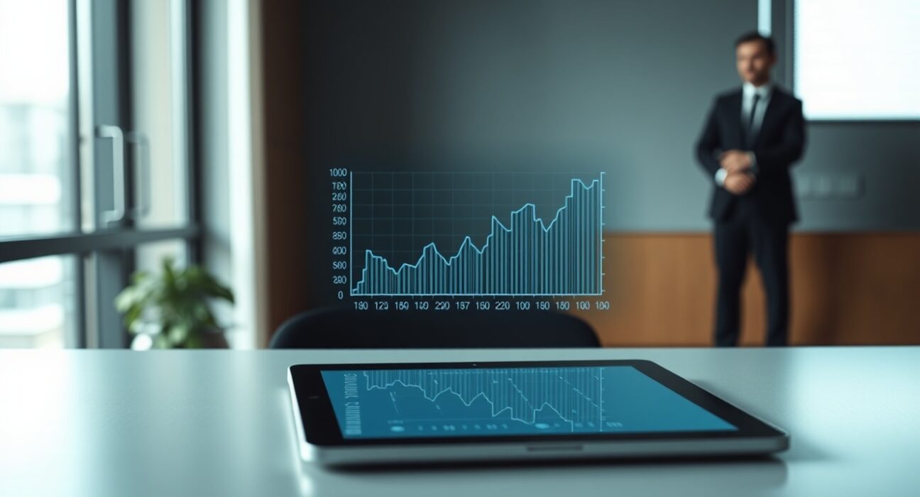 Modern financial office with digital DeFi overlay representing regulatory challenges