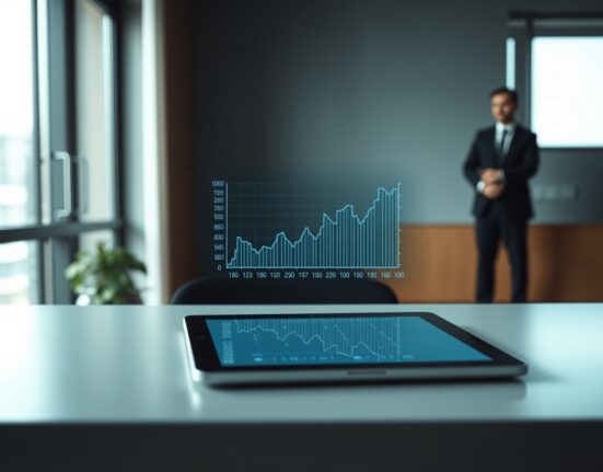 Modern financial office with digital DeFi overlay representing regulatory challenges
