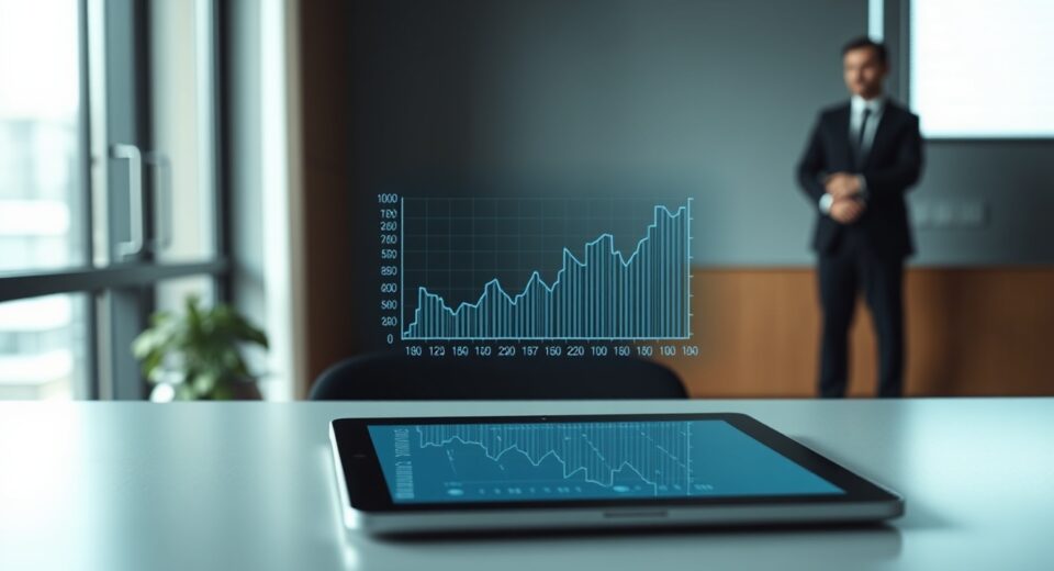 Modern financial office with digital DeFi overlay representing regulatory challenges