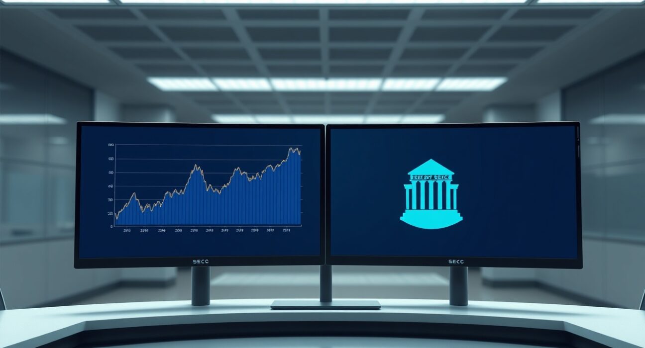 Digital trading desk with monitors showing tokenized stock charts and SEC icon