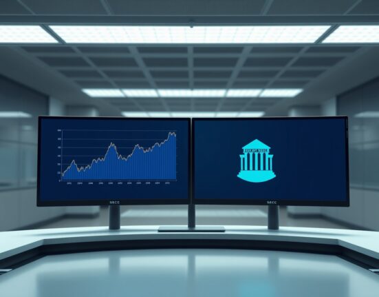 Digital trading desk with monitors showing tokenized stock charts and SEC icon