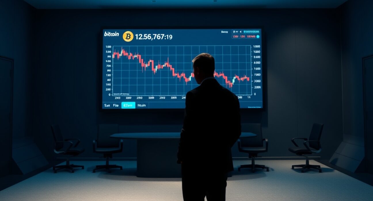 Corporate boardroom with Bitcoin price chart on screen and silhouetted figure