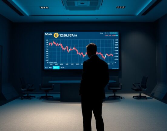 Corporate boardroom with Bitcoin price chart on screen and silhouetted figure