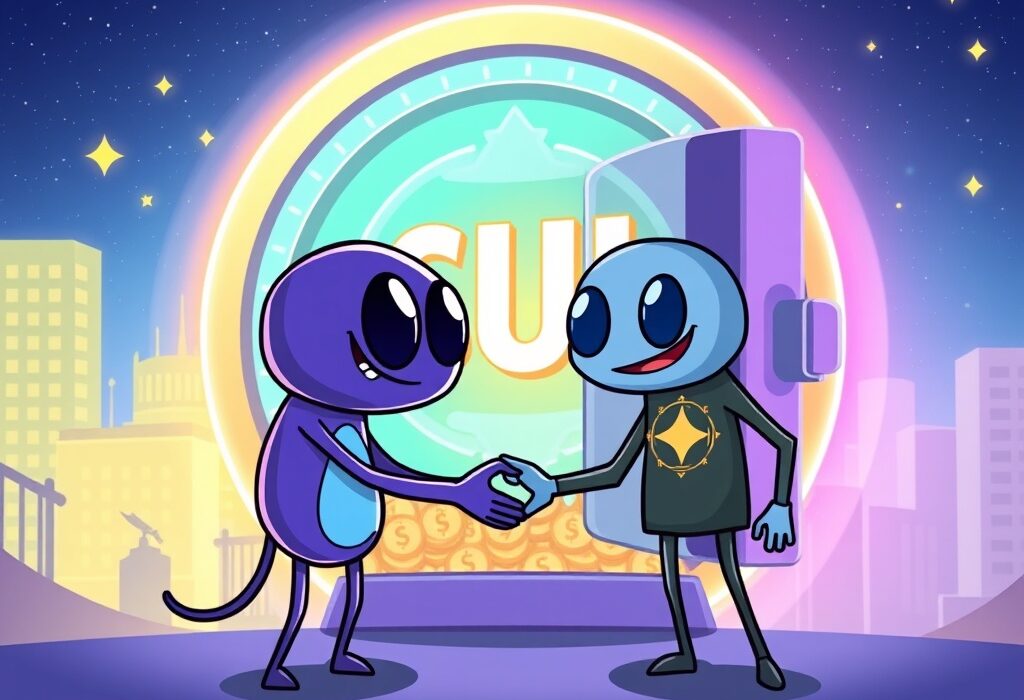 Cartoon showing Galaxy Digital and Mill City Ventures collaborating on a significant SUI investment, symbolizing a robust crypto treasury partnership.