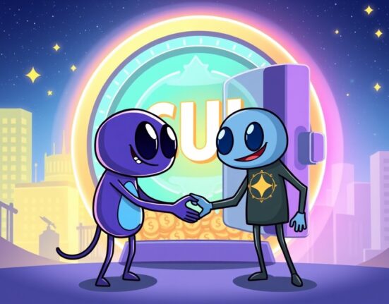 Cartoon showing Galaxy Digital and Mill City Ventures collaborating on a significant SUI investment, symbolizing a robust crypto treasury partnership.