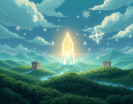 Conceptual visualization of Galaxy Digital's tokenized CLO on the Avalanche blockchain for institutional finance.