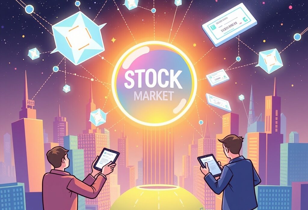 Cartoon illustration of digital shares being tokenized, representing Galaxy Digital's move into tokenized company shares on a blockchain platform.