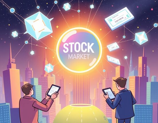 Cartoon illustration of digital shares being tokenized, representing Galaxy Digital's move into tokenized company shares on a blockchain platform.