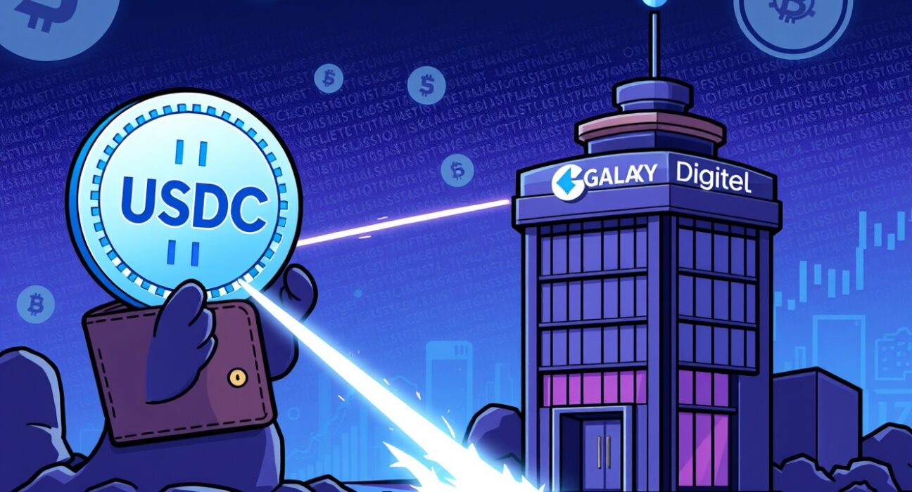 A significant Galaxy Digital USDC transfer, visually represented as a large digital coin moving into a corporate crypto entity, highlighting market impact.