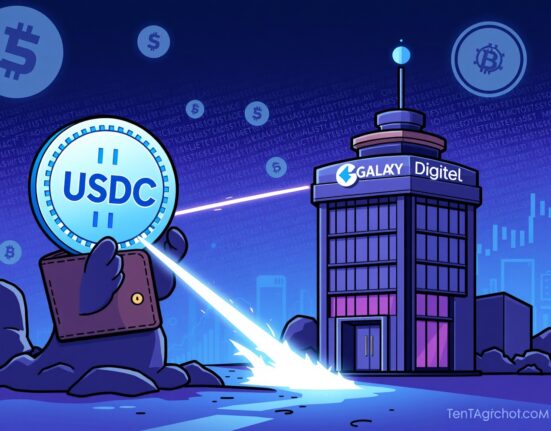 A significant Galaxy Digital USDC transfer, visually represented as a large digital coin moving into a corporate crypto entity, highlighting market impact.