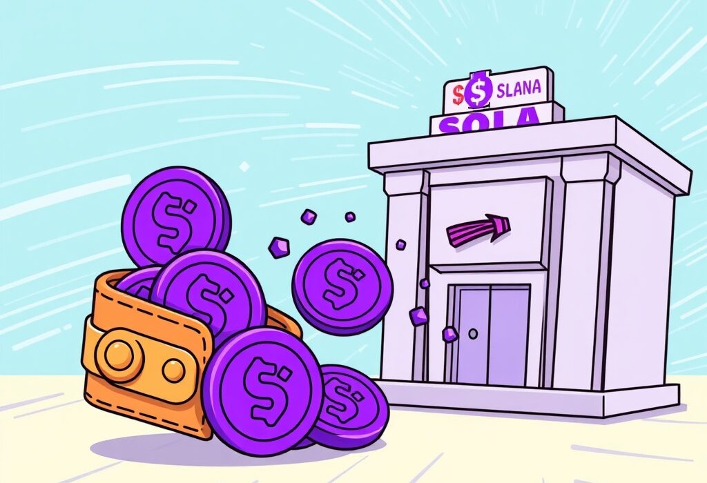 Cartoon showing a Galaxy Digital wallet transferring a massive amount of Solana to an exchange, highlighting a significant crypto market event.