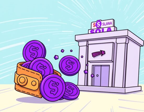 Cartoon showing a Galaxy Digital wallet transferring a massive amount of Solana to an exchange, highlighting a significant crypto market event.