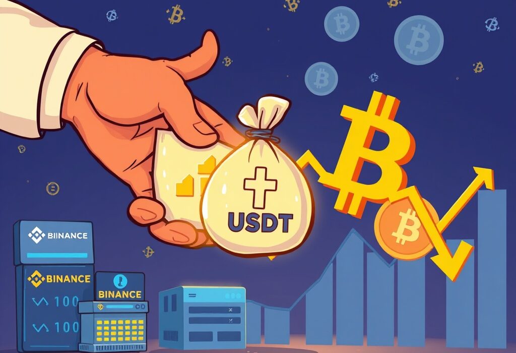 Cartoon showing a large Galaxy Digital withdrawal of USDT from exchanges amidst a Bitcoin market sell-off, illustrating strategic crypto movements.