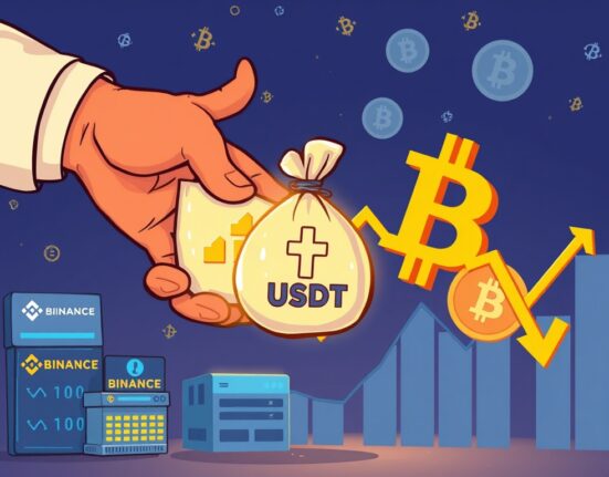 Cartoon showing a large Galaxy Digital withdrawal of USDT from exchanges amidst a Bitcoin market sell-off, illustrating strategic crypto movements.