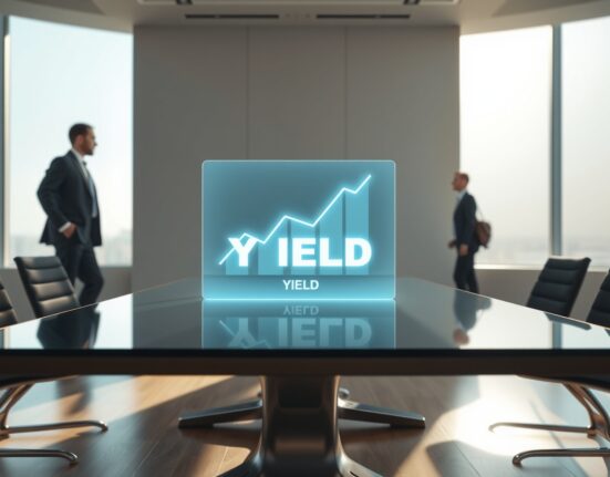 Holographic yield chart in a modern office representing the Galaxy Sharplink DeFi yield fund
