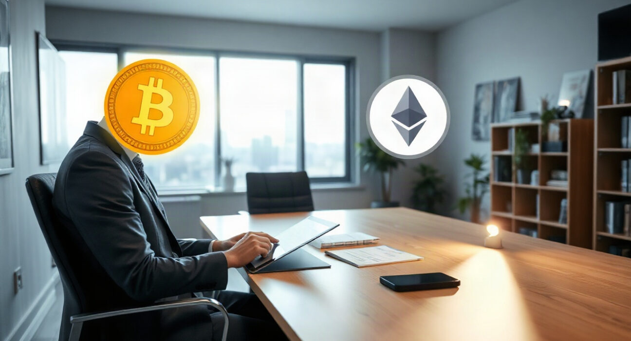 Professional reviewing digital assets on tablet with Bitcoin, Ethereum, and Solana symbols in background