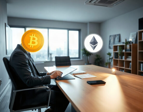 Professional reviewing digital assets on tablet with Bitcoin, Ethereum, and Solana symbols in background