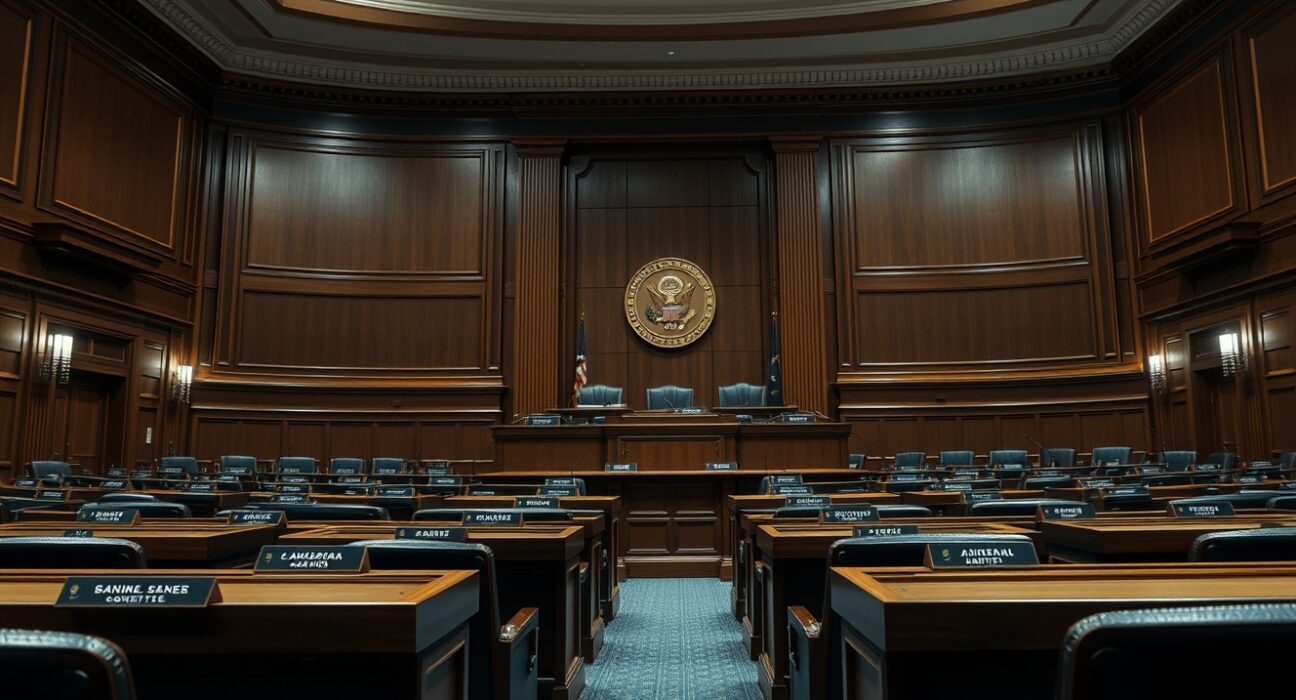 Interior of the U.S. Senate Banking Committee hearing room with empty chairs and microphones
