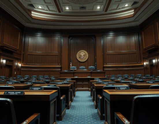 Interior of the U.S. Senate Banking Committee hearing room with empty chairs and microphones