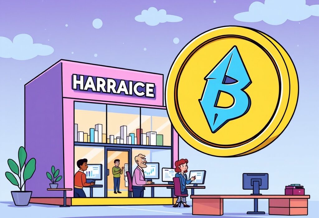 Cartoon illustration showing Galmed Pharmaceuticals embracing a Galmed digital assets strategy, with crypto symbols integrating into their corporate environment.