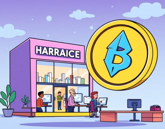 Cartoon illustration showing Galmed Pharmaceuticals embracing a Galmed digital assets strategy, with crypto symbols integrating into their corporate environment.