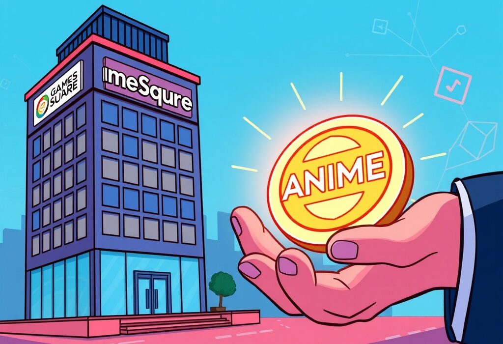 A cartoon image showing GameSquare investing in Animecoin, symbolizing a strategic digital asset partnership.