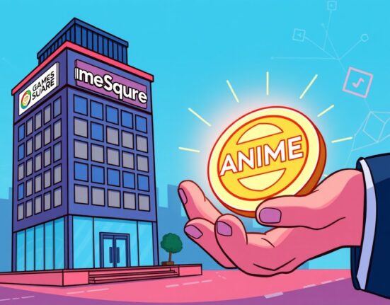 A cartoon image showing GameSquare investing in Animecoin, symbolizing a strategic digital asset partnership.