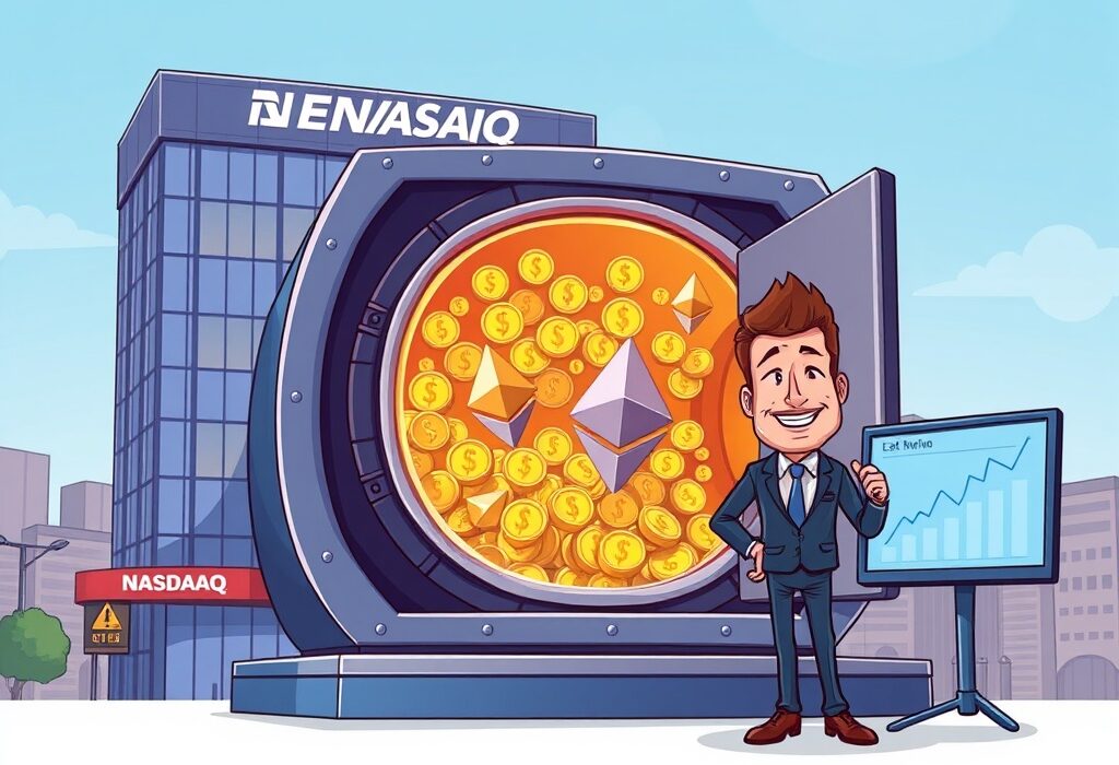A cartoon illustration showing GameSquare's growing GameSquare ETH holdings, with a business character confidently overseeing a vault of Ethereum, symbolizing strategic digital asset investment.
