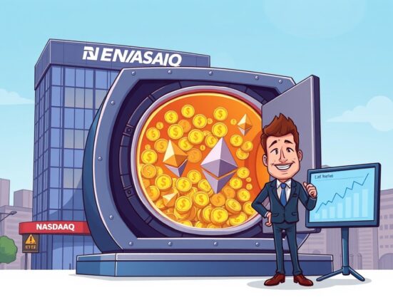 A cartoon illustration showing GameSquare's growing GameSquare ETH holdings, with a business character confidently overseeing a vault of Ethereum, symbolizing strategic digital asset investment.