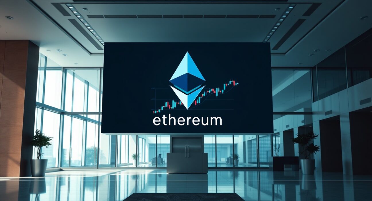 Corporate lobby with digital display showing Ethereum logo and price chart