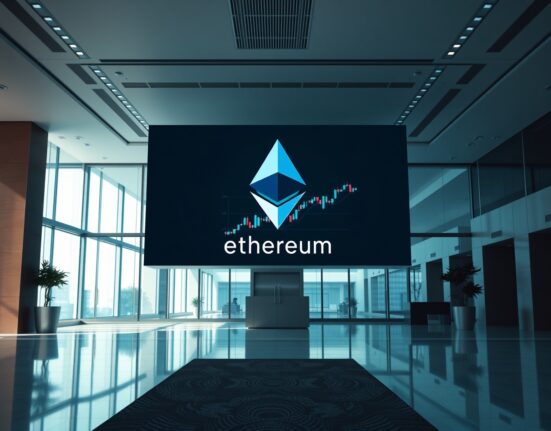 Corporate lobby with digital display showing Ethereum logo and price chart