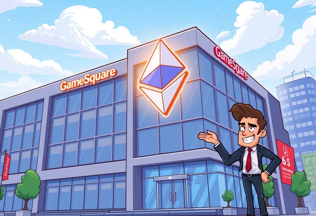 Cartoon illustration showing GameSquare's corporate building with a glowing Ethereum symbol, representing its significant GameSquare Ethereum holdings.
