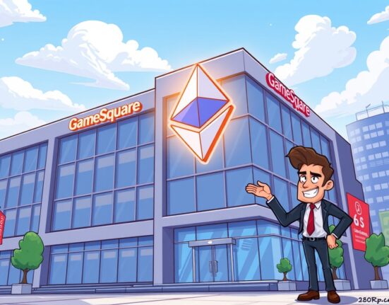 Cartoon illustration showing GameSquare's corporate building with a glowing Ethereum symbol, representing its significant GameSquare Ethereum holdings.